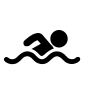 Ikona przedstawiająca osobę pływającą w wodzie w stylu prostego piktogramu.