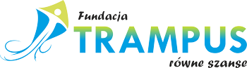 Logo Fundacji Trampus: postać z latawcem, napis Fundacja Trampus równe szanse, niebiesko-zielony gradient.