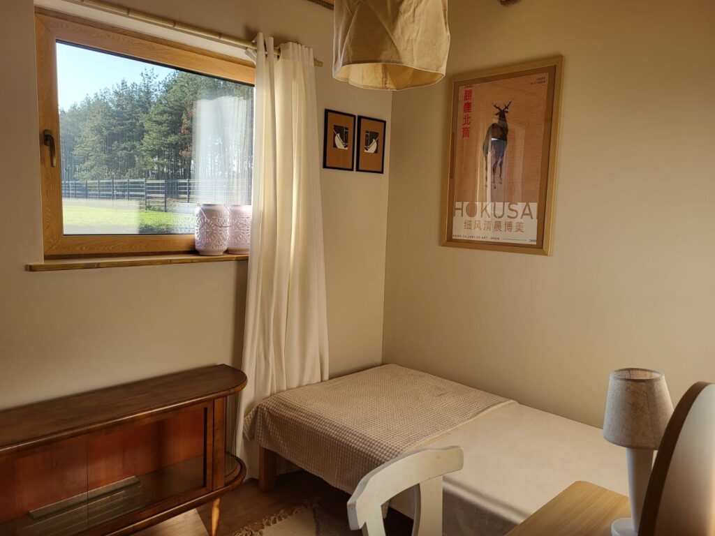 Przytulny pokój z oknem na las, łóżkiem, drewnianym biurkiem i plakatem na ścianie. Jasne zasłony wpuszczają światło słoneczne.