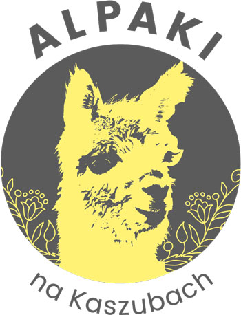 Logo z wizerunkiem alpaki i napisem Alpaki na Kaszubach z kwiatowymi wzorami.