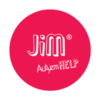 Czerwone logo z białym napisem JiM oraz AutyzmHELP.