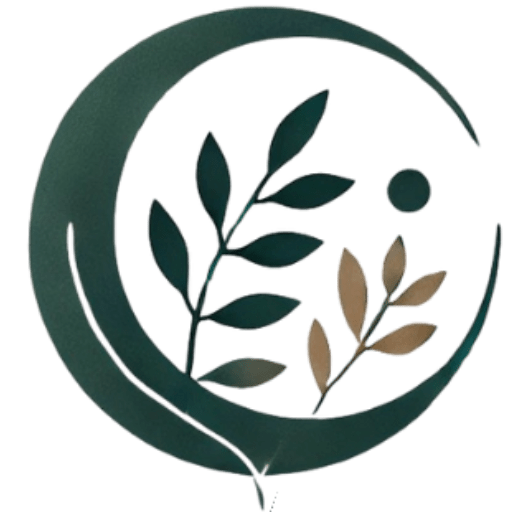 Księżycowy wzór z liśćmi i kropką w zielono-brązowej kolorystyce.