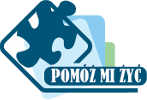Logo z puzzlem w kolorze niebieskim i napisem POMÓŻ MI ŻYĆ na białym tle.