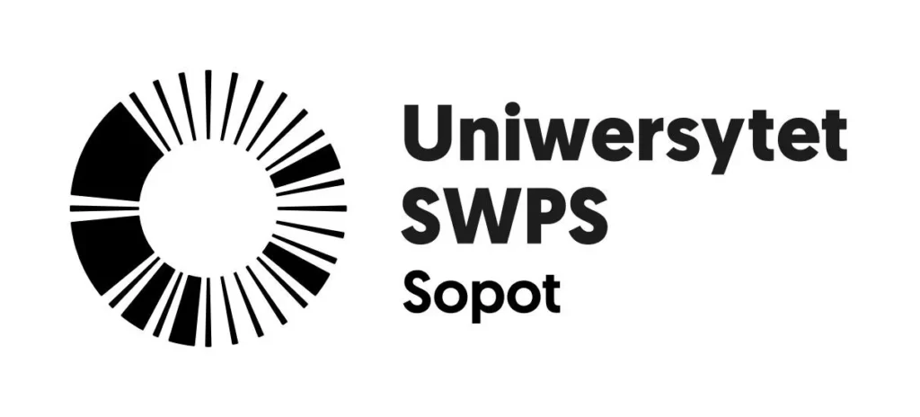 Logo Uniwersytetu SWPS Sopot z napisem i abstrakcyjnym okręgiem z promieniami.