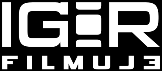Czarno-białe logo z napisem IGR FILMUJE dużymi literami, na czarnym tle.