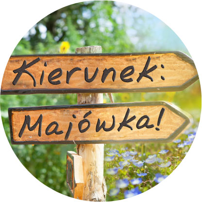 Drewniane drogowskazy z napisami Kierunek: Majówka! na tle zielonego pleneru.